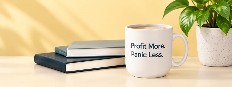 Profit More. Panic Less. mug on a desk