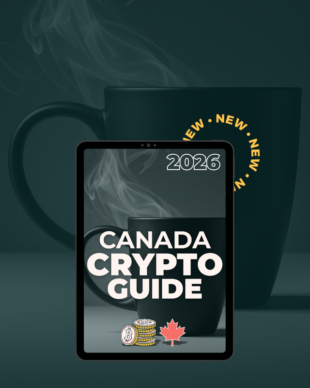 Canada Crypto Guide 2026 on a tablet, in front of a steaming coffee mug